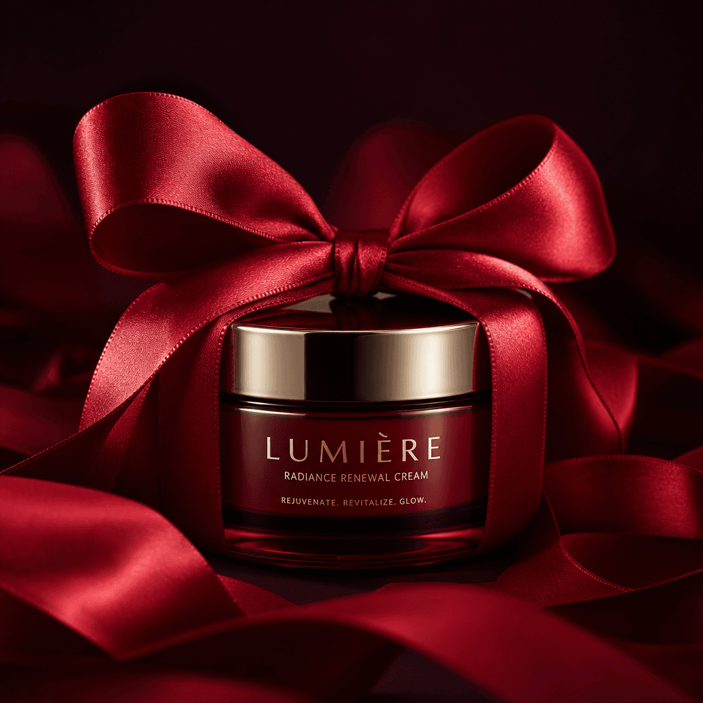 Fragrance bottle or skincare jar beautifully wrapped in flowing red ribbon, soft studio lighting, detailed bow, premium 