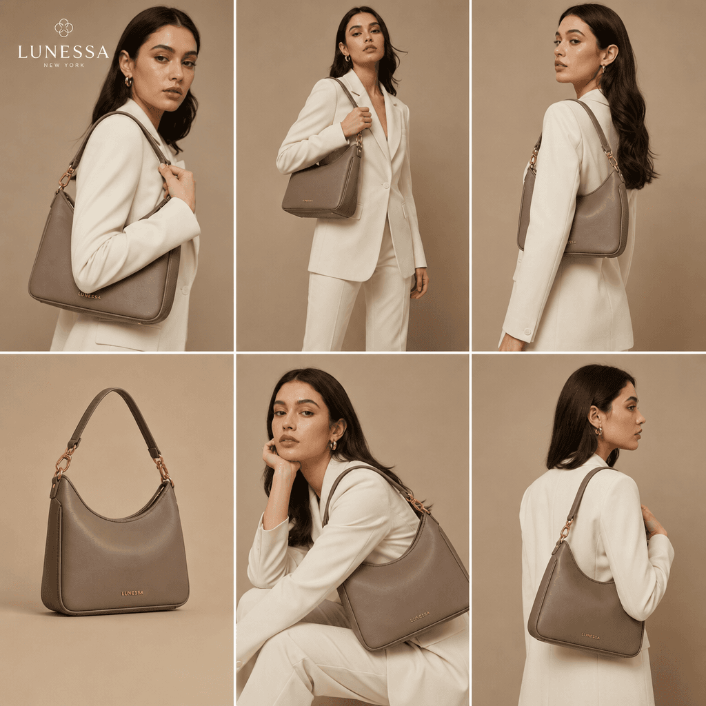 Multiple variations showing different model poses and angles showcasing same product. Professional fashion photography, 