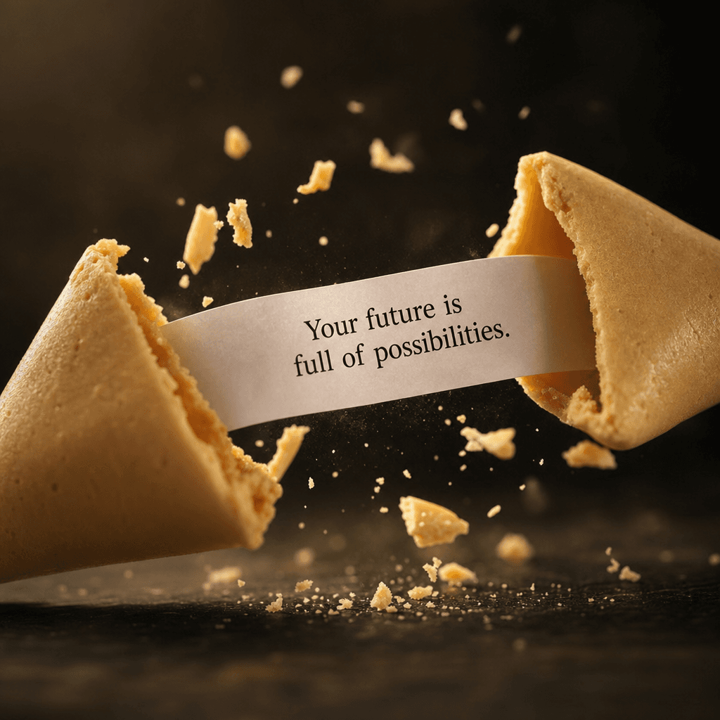 Fortune cookie opening animation frame, message reveal moment, cinematic quality, professional video output.
