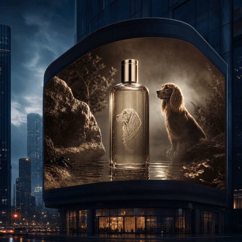 A luxury pet grooming bottle staged inside a giant curved corner screen, translucent liquid and metallic cap catching co