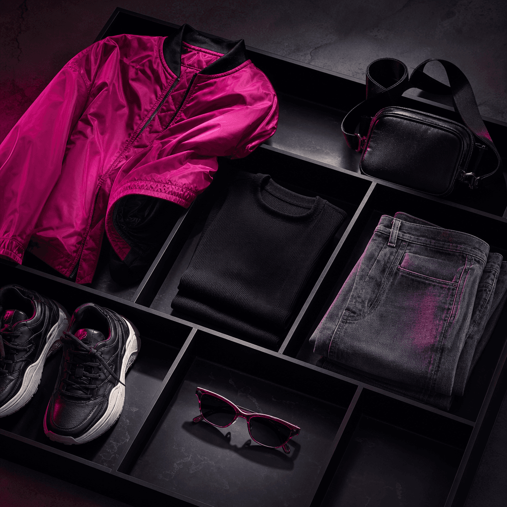 A vibrant weekend streetwear outfit displayed as a fashion planner still life: oversized jacket, graphic-free top, denim