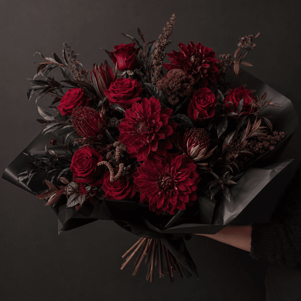 A dramatic bouquet of burgundy dahlias, deep red roses, and dark foliage held against a charcoal plain wall, sculptural 