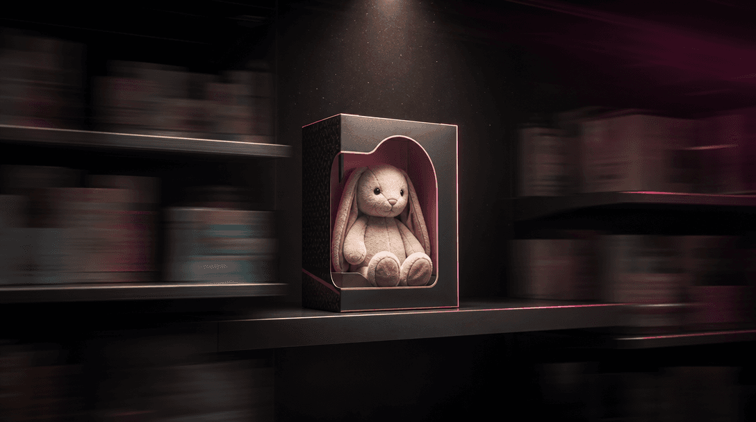 A single premium children's product illuminated on a dark retail shelf while surrounding objects dissolve into gentle mo