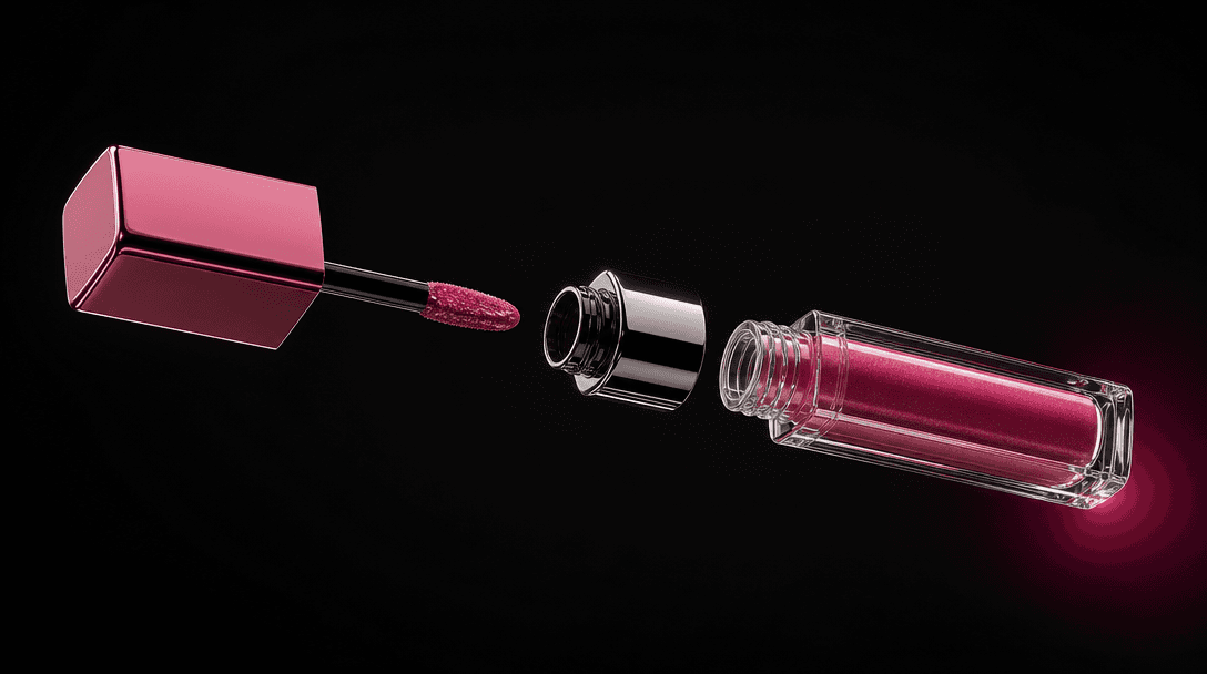 An exploded beauty product composition with cap, applicator, glass body, and reflective collar arranged in a precise flo