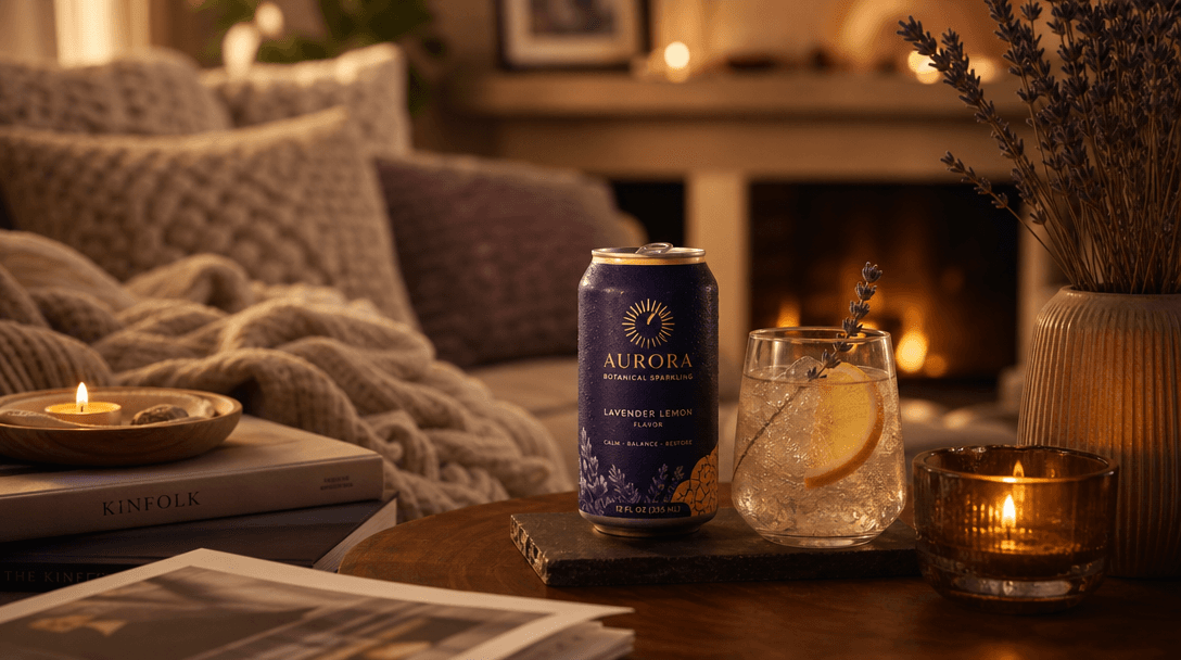 Lifestyle context visualization showing drink in inviting setting, warm atmospheric lighting, cozy environment, aspirati