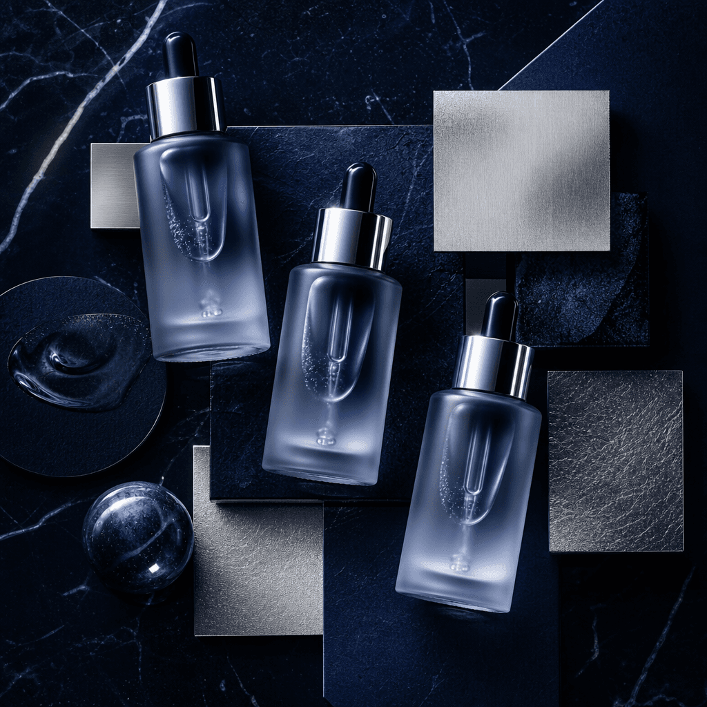 Cosmetics brand aesthetic in deep midnight blue and silver. Frosted glass serum vials and metallic accent tiles arranged