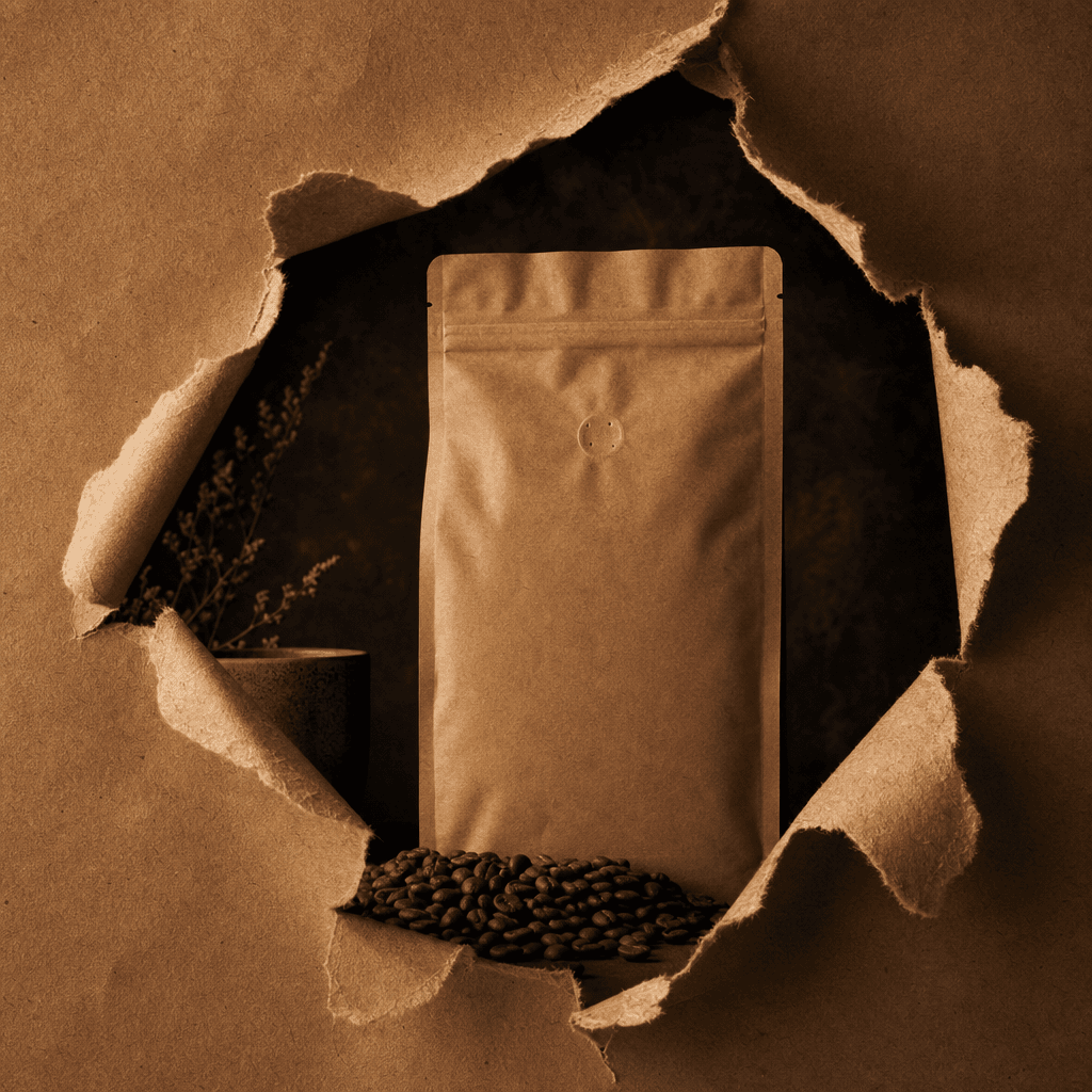 A kraft-paper artisan coffee bag revealed through a torn paper effect. Warm amber and espresso tones, deep moody dark ba