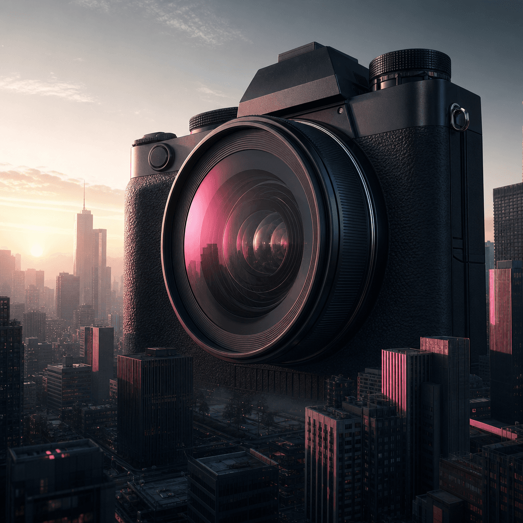 A colossal mirrorless camera standing among concrete office towers, its lens facing the viewer like a vast architectural