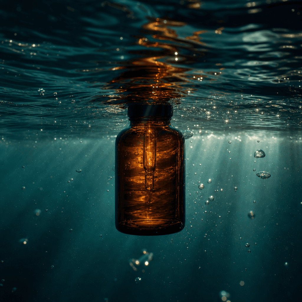 A deep amber wellness bottle floating just beneath a glassy ocean surface, viewed from water level with refracted sunlig