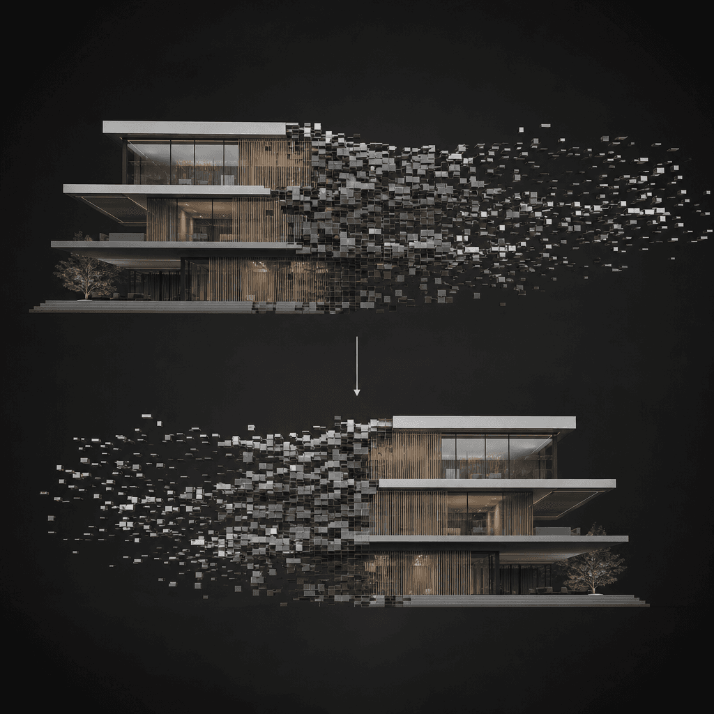Contemporary building dissolving and reforming, smooth transitions, premium quality rendering, dark editorial background