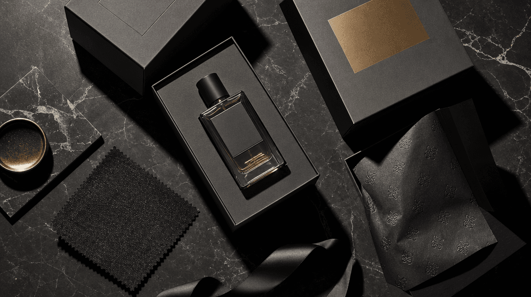 Editorial flat-lay: a curated arrangement of luxury product packaging — dark matte boxes, a statement product, fabric sw