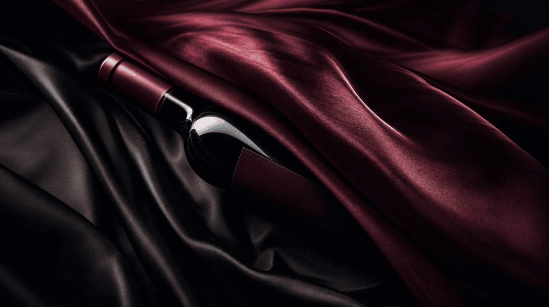 Cinematic scene of flowing dark silk fabric partially revealing a wine bottle beneath, deep burgundy and near-black tone