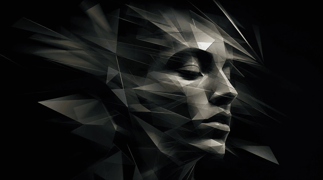Abstract shifting geometric planes assembling into portrait shape, motion blur effects, dark background, angular crystal