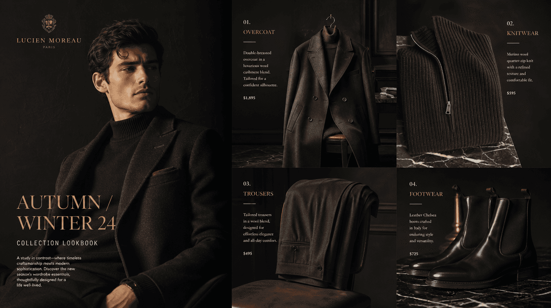 Luxury fashion brand lookbook spread: multiple garments displayed with professional styling, dramatic dark background, e