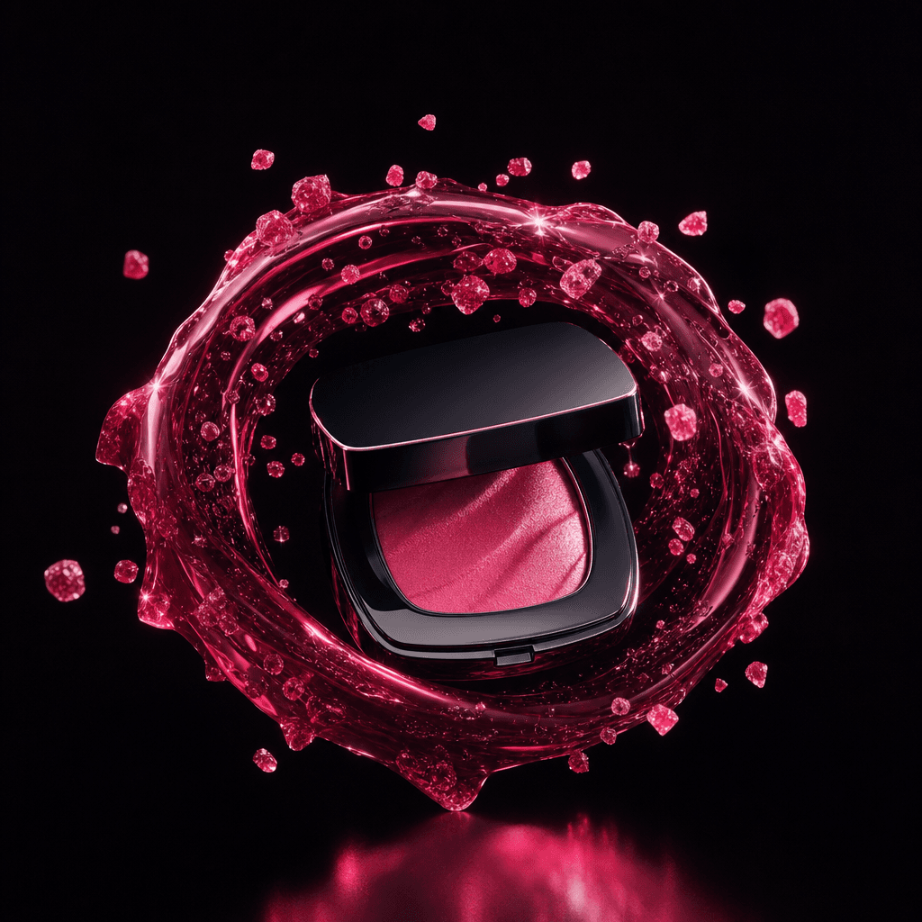 A compact cosmetic case resting in a surreal ring of translucent raspberry glaze, tiny sugar crystals suspended around i