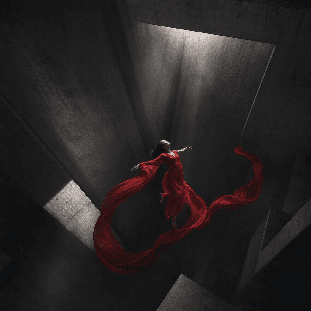 An elegant figure in flowing red fabric drifting above a monumental brutalist interior, viewed from high overhead, fabri