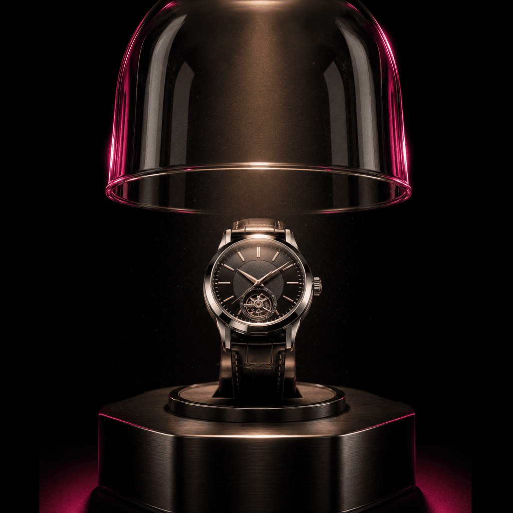 A premium wristwatch on a dark brushed-metal stand as a transparent cloche lifts above it, precise reflections across th