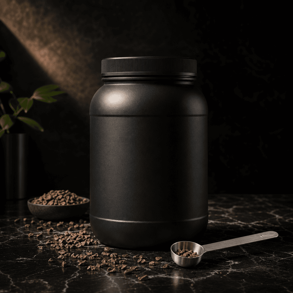 Protein powder tub centered on polished dark marble with scattered raw cacao nibs and a brushed-steel measuring spoon ar