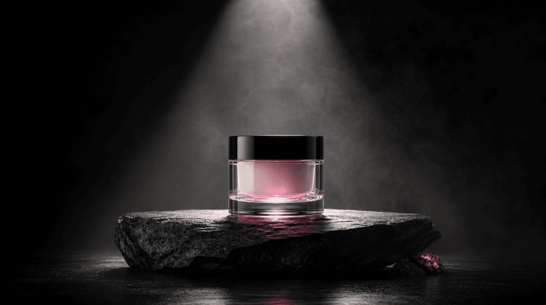 A minimalist product film set distilled into three elements: a black stone platform, a clear glass jar, and a focused co
