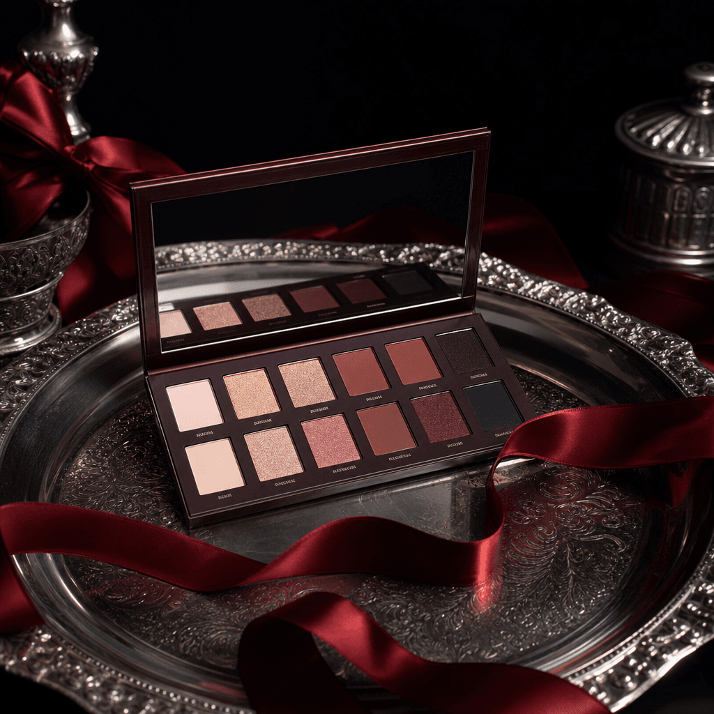 Makeup palette on silver platter with red ribbons, professional product photography, dark moody background, metallic hig