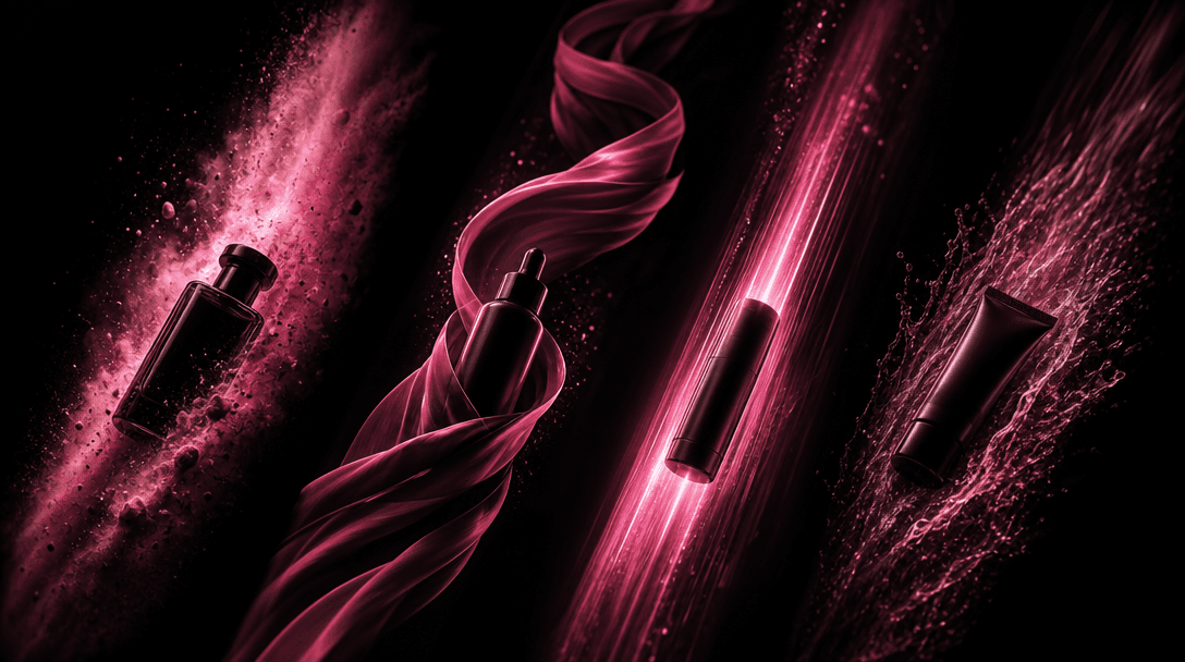 Four distinct product silhouettes moving through parallel trails of dramatic light, dust, ribbon, and motion blur, sugge