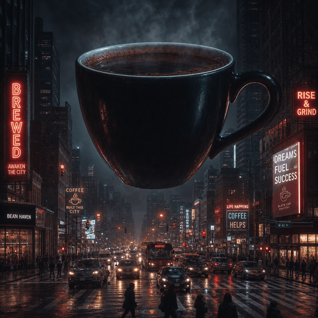 Massive coffee cup levitating over urban street intersection with heavy traffic, dark atmospheric lighting with neon sig