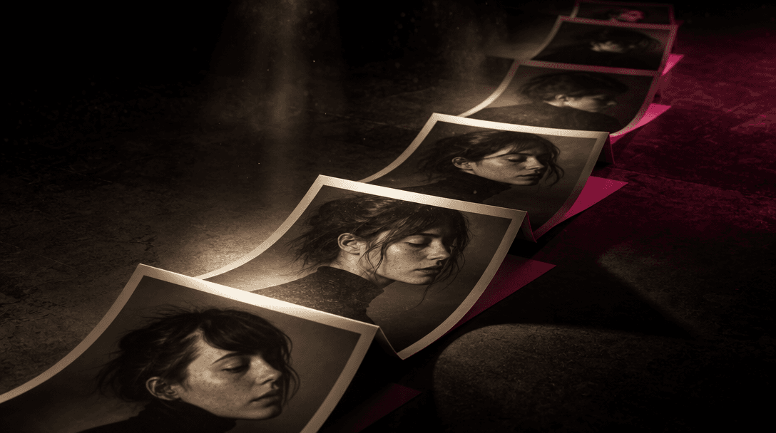 Multiple printed portrait frames unfolding into a continuous visual path across a dark studio floor, each paper frame ca