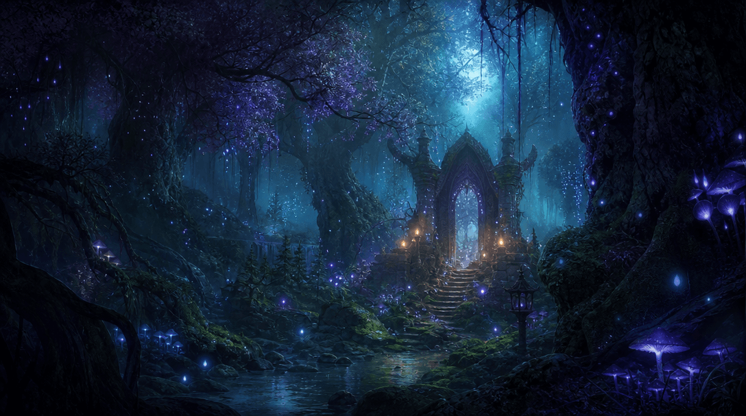 Enchanted forest environment with magical lighting, mystical particles floating, dark fantasy color palette, atmospheric