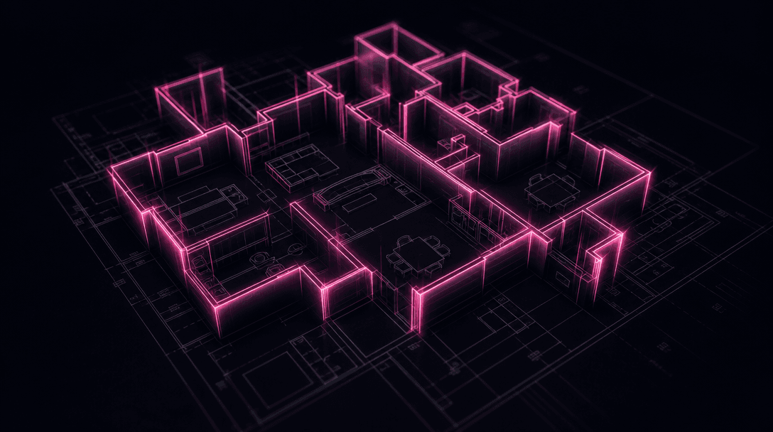 Abstract dark editorial scene of a 2D architectural floor plan blueprint with geometric room lines lifting and extruding