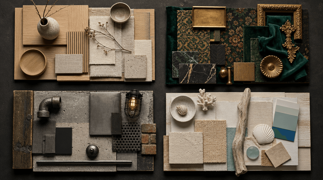 Wide editorial flat lay of four distinct interior design mood boards arranged in a 2x2 grid on a deep charcoal surface: 