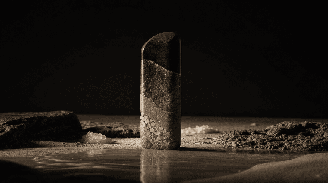 An abstract product-shaped monolith emerging from layered beach materials: fine sand, wet stone, salt crystals, and a th