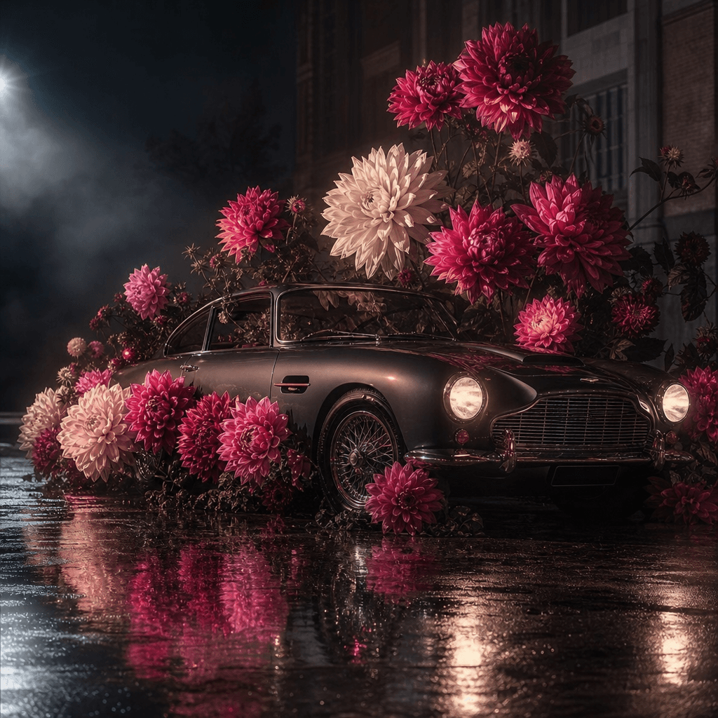 A vintage car parked on an empty nighttime street while enormous dahlias bloom around the wheels and rise above the roof