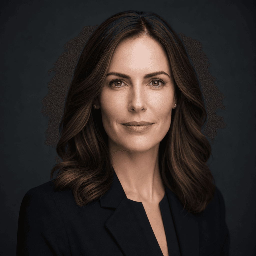 Professional woman's headshot portrait in studio lighting against dark background, cinematic depth of field with sharp f