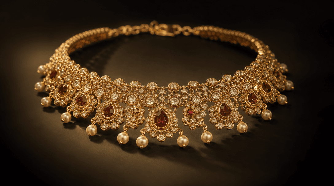 Studio lighting setup for precious jewelry, three point lights creating soft shadows on a luxury necklace, warm gold ref
