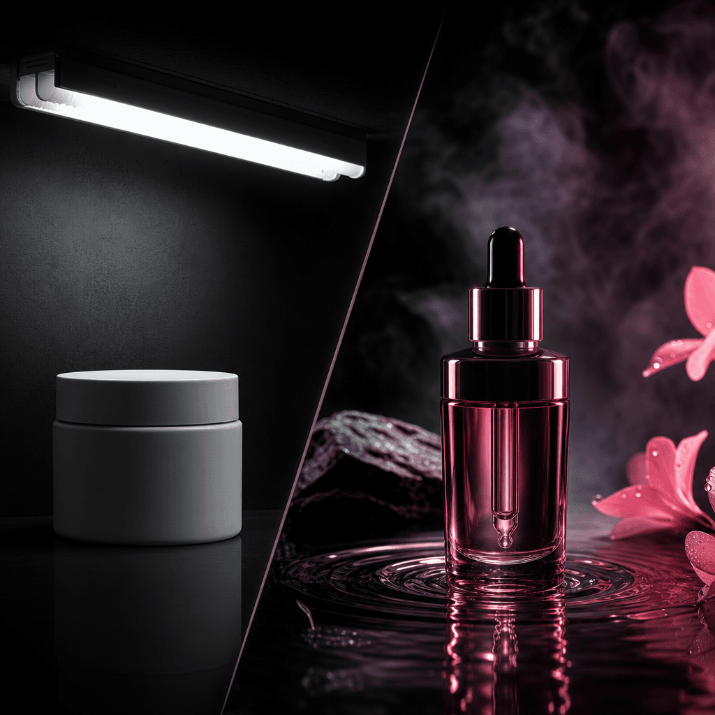 A funny skincare comparison with a plain jar under unforgiving fluorescent light opposite an elegant serum bottle surrou