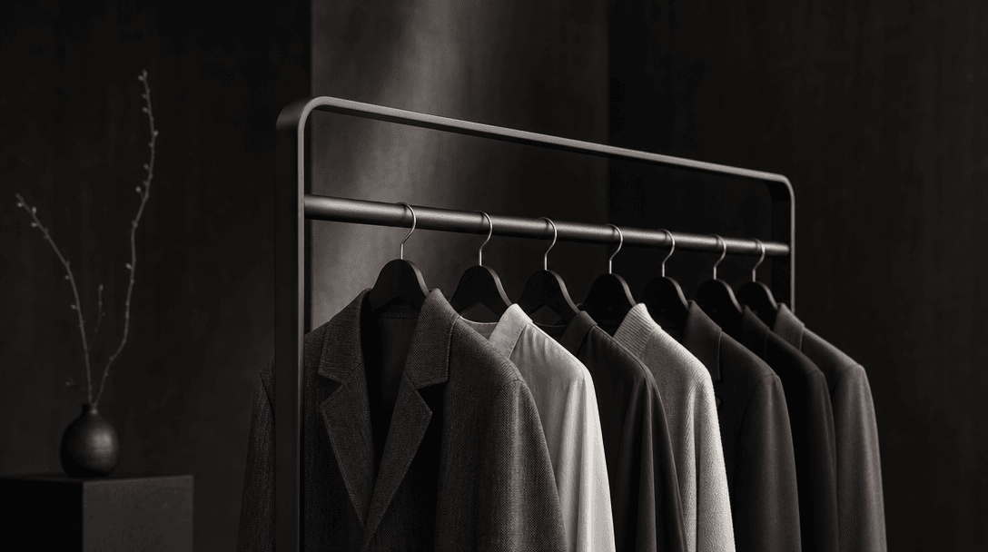 Elegant minimal clothing rail in dark moody studio, soft diffused lighting, fabric texture visible, luxury fashion aesth