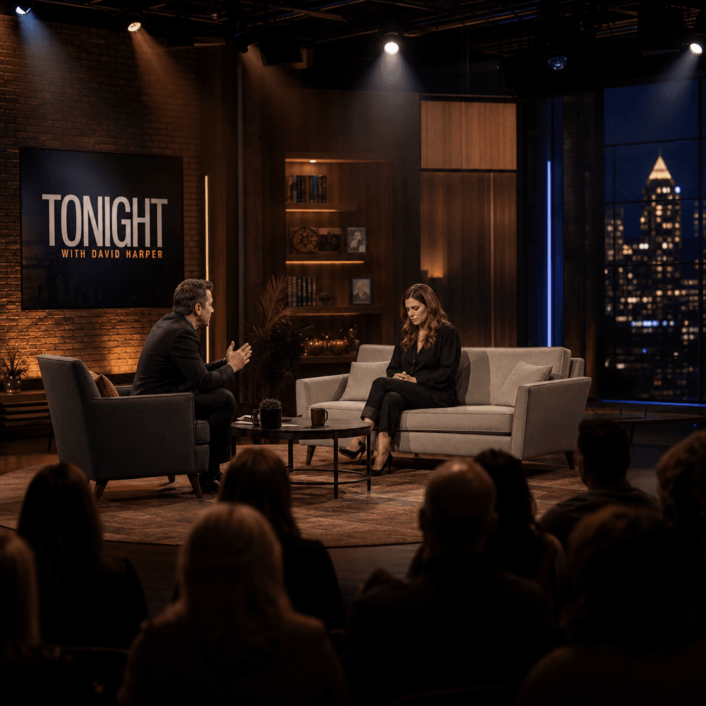 Talk show studio lighting dramatic shadows on set, professional setup with audience silhouettes, emotional atmosphere ca