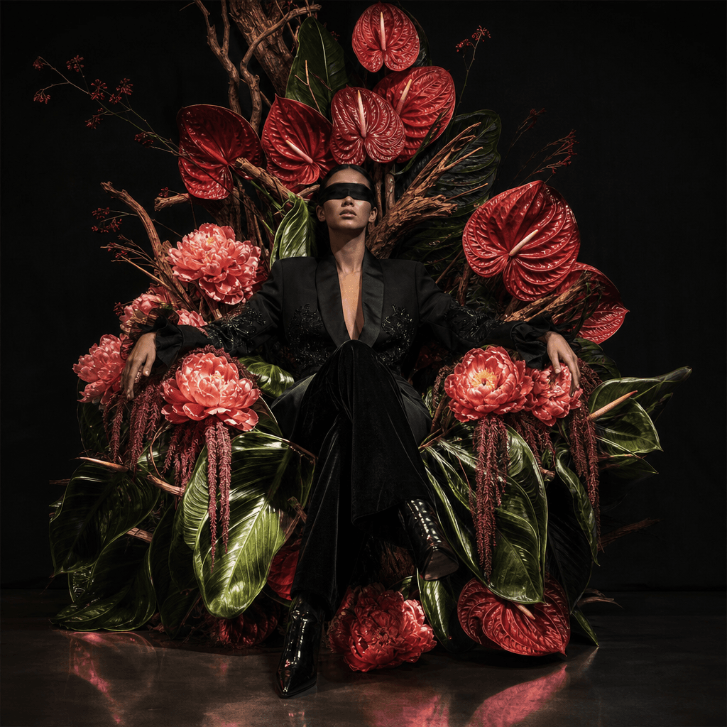 A bold contemporary floral throne built from oversized tropical anthuriums, glossy leaves, coral peonies, and sculptural