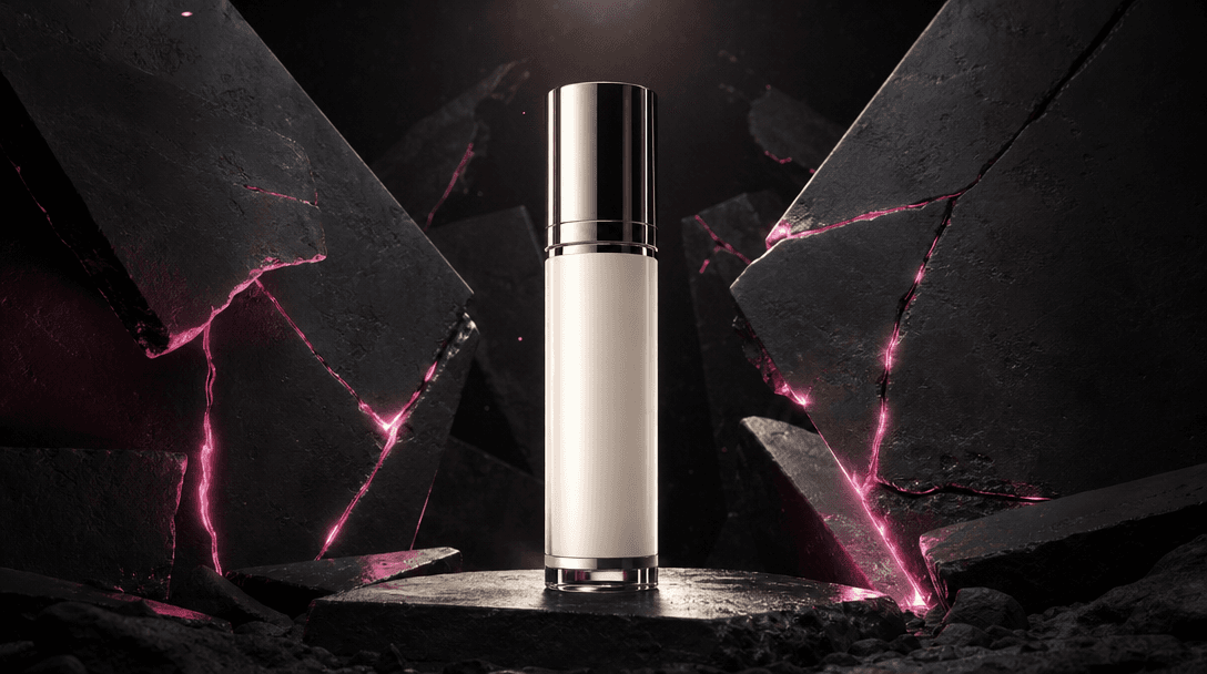 A pristine cosmetic bottle standing against fractured black stone panels that angle inward like criticism being redirect