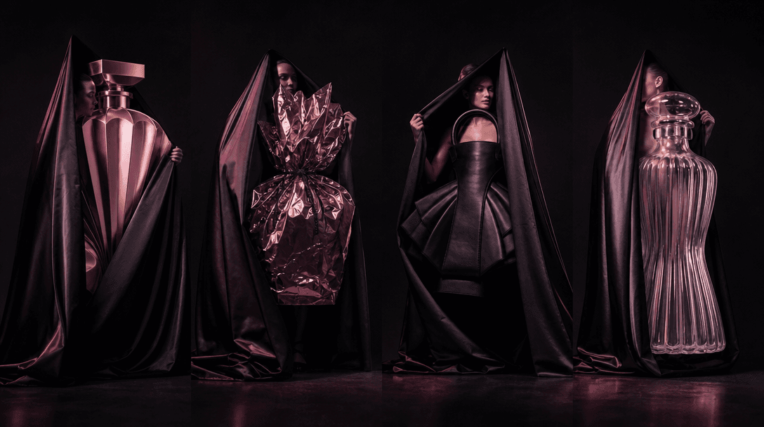 Four different product-inspired sculptural costumes arranged across a dark fashion studio, each sharing the same dramati