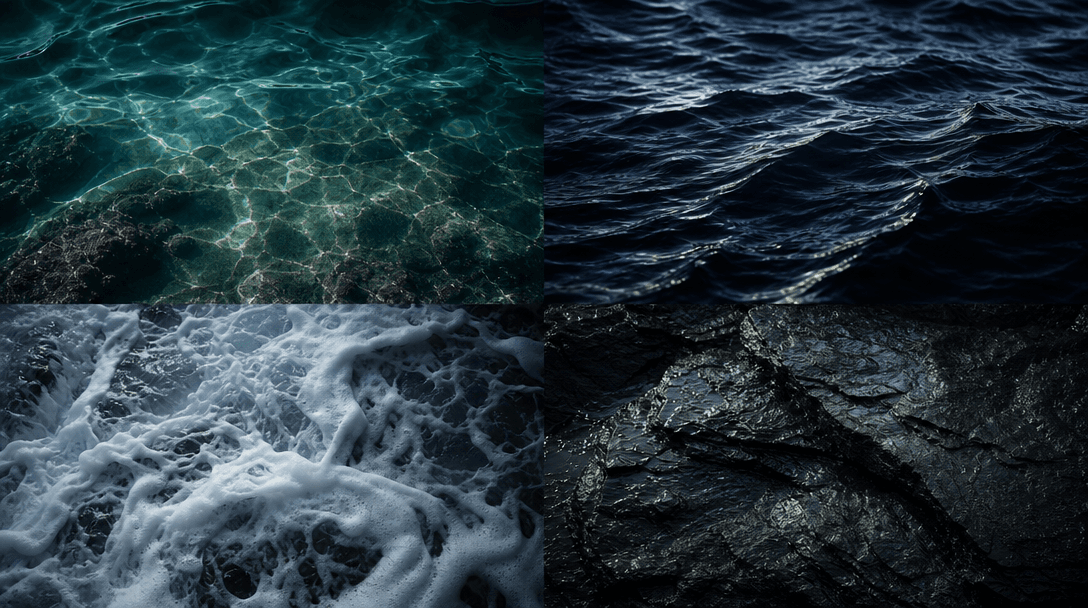Four distinct aquatic material studies arranged as one refined editorial composition: sunlit turquoise water, deep midni