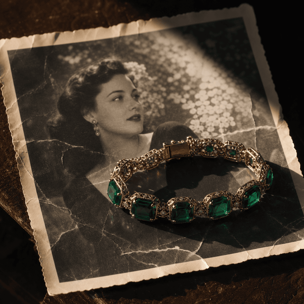 An ornate gemstone bracelet with deep green emerald-cut stones resting on a crumpled vintage black-and-white photographi