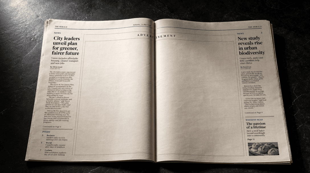 An open broadsheet newspaper laid flat on a dark polished slate surface. The center spread open to a clean editorial pro