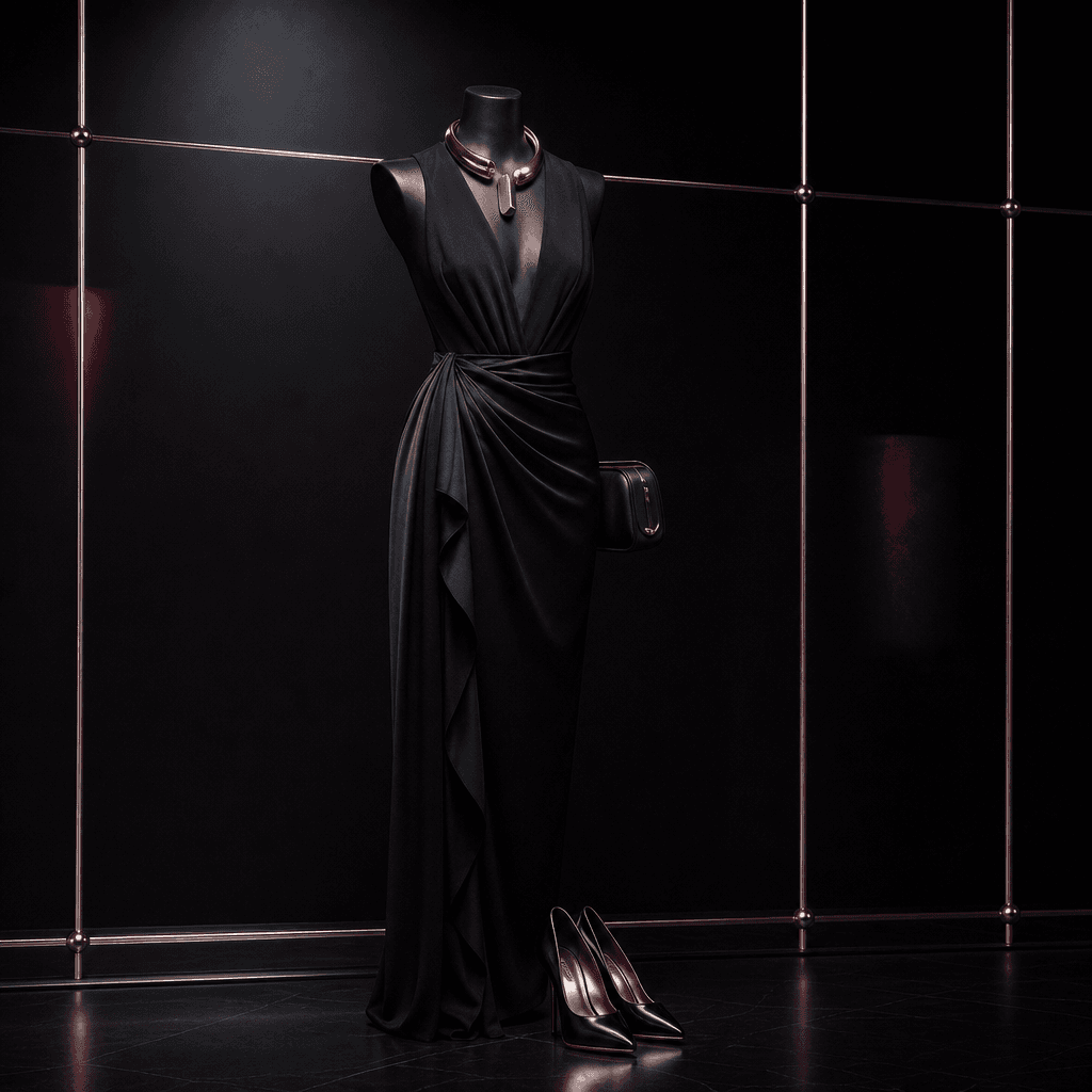 An elegant evening outfit on an abstract mannequin form, framed by thin metallic lines suggesting a weekly schedule. Bla