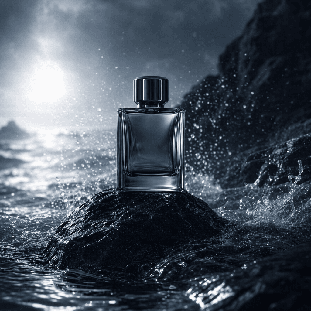 An elegant perfume bottle resting on a wet black coastal rock as transparent ocean water flows around it, dramatic dark 