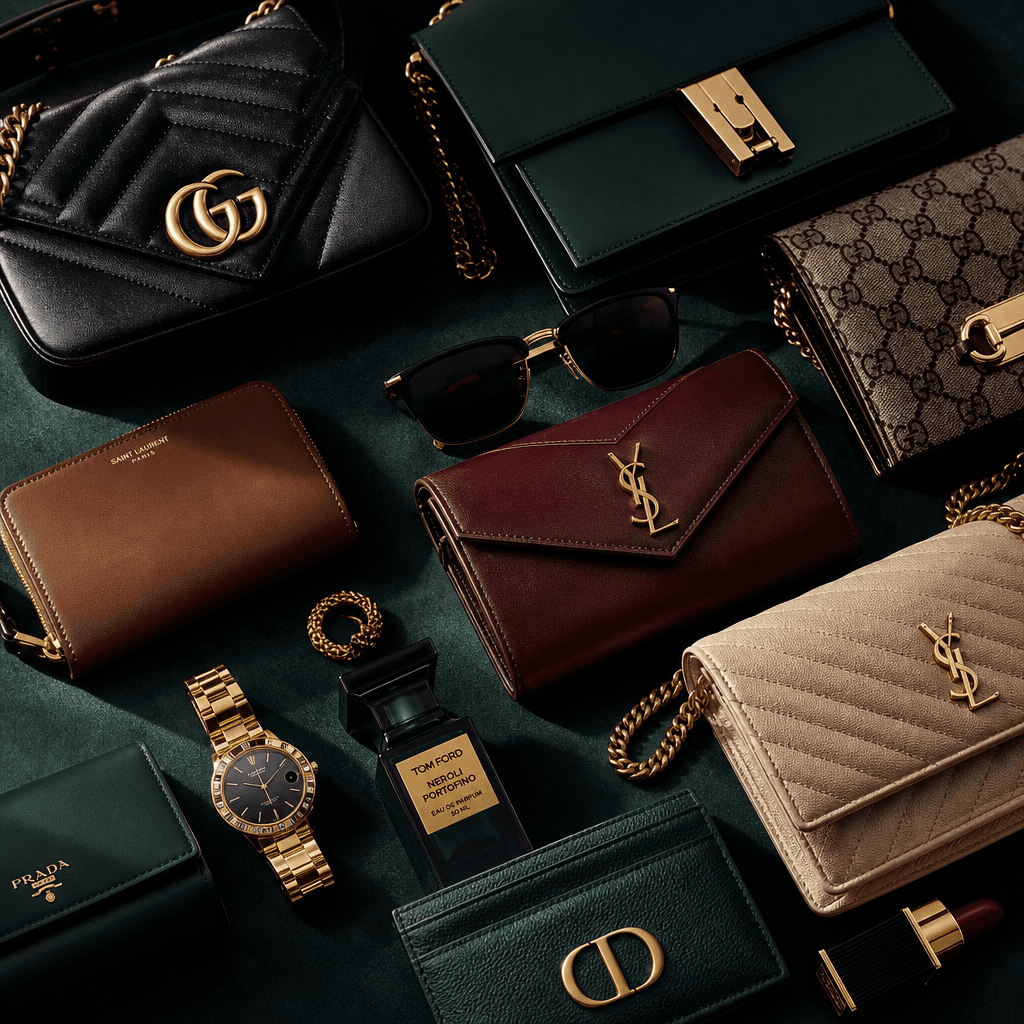 Premium luxury accessories still-life. Designer bags, leather goods, and fashion accessories arranged in sophisticated p