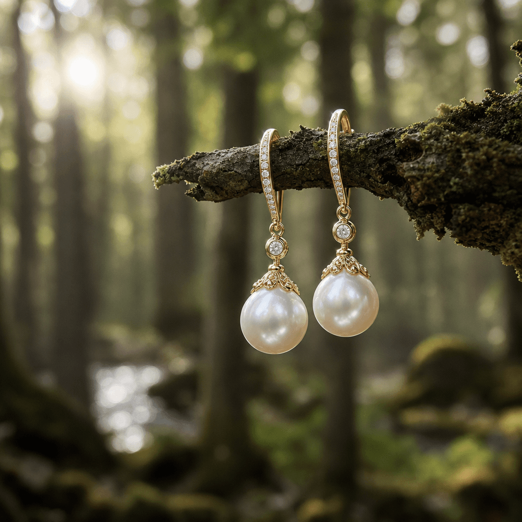 Pearl earrings hanging elegantly from tree branch, forest backdrop, editorial jewelry shot, sharp focus on pearls, blurr