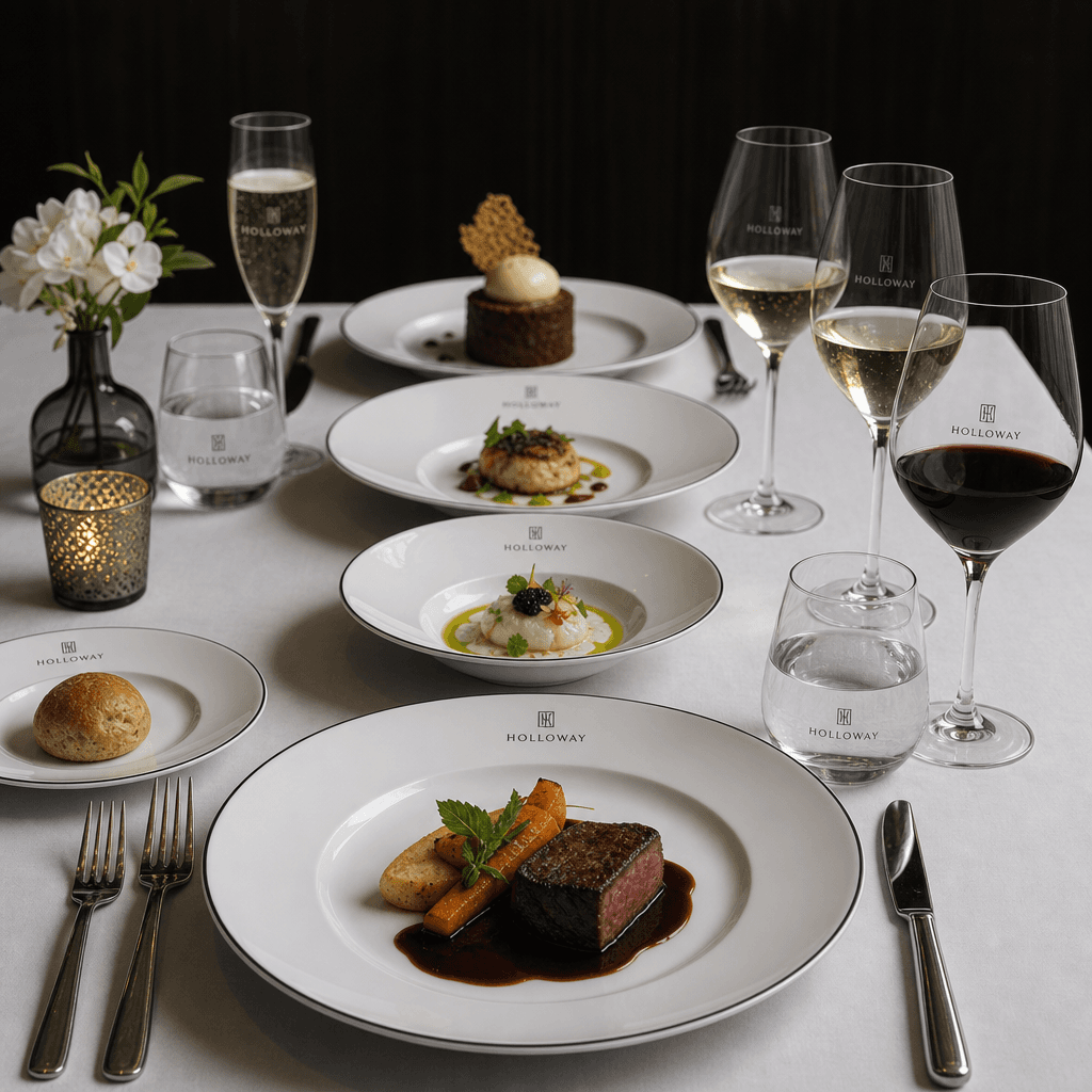 Multi-course table setting with branded dishware progression, white linens, multiple glasses, dark background, fine dini