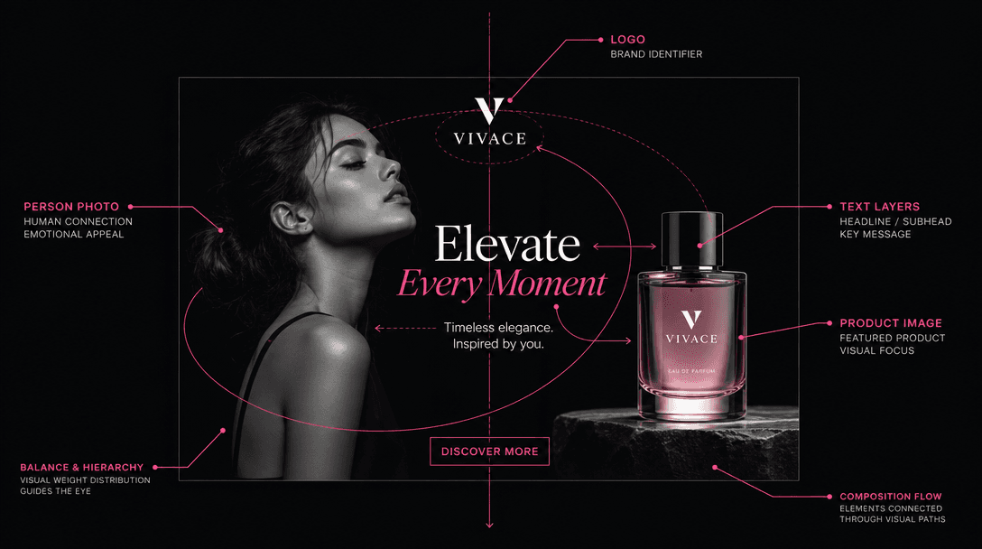 Abstract visualization of composition elements: person photo, logo, product image, text layers arranged in balanced spat