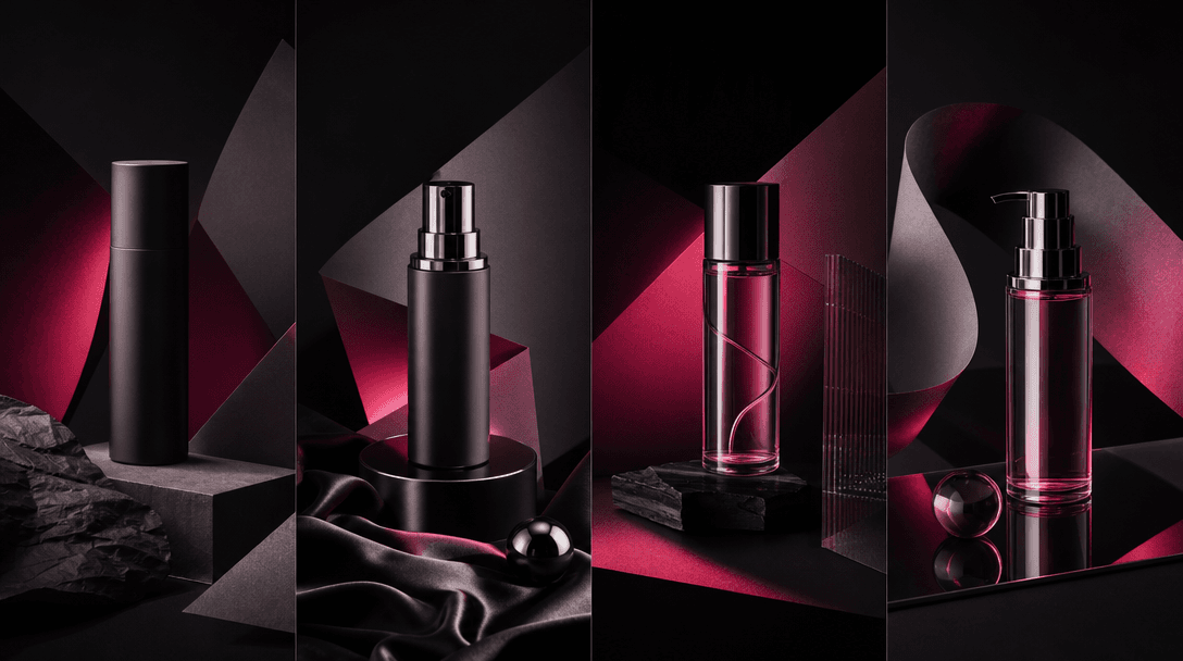 Four coordinated product stages arranged as a rhythmic visual series, each using the same dark background, sculptural ge